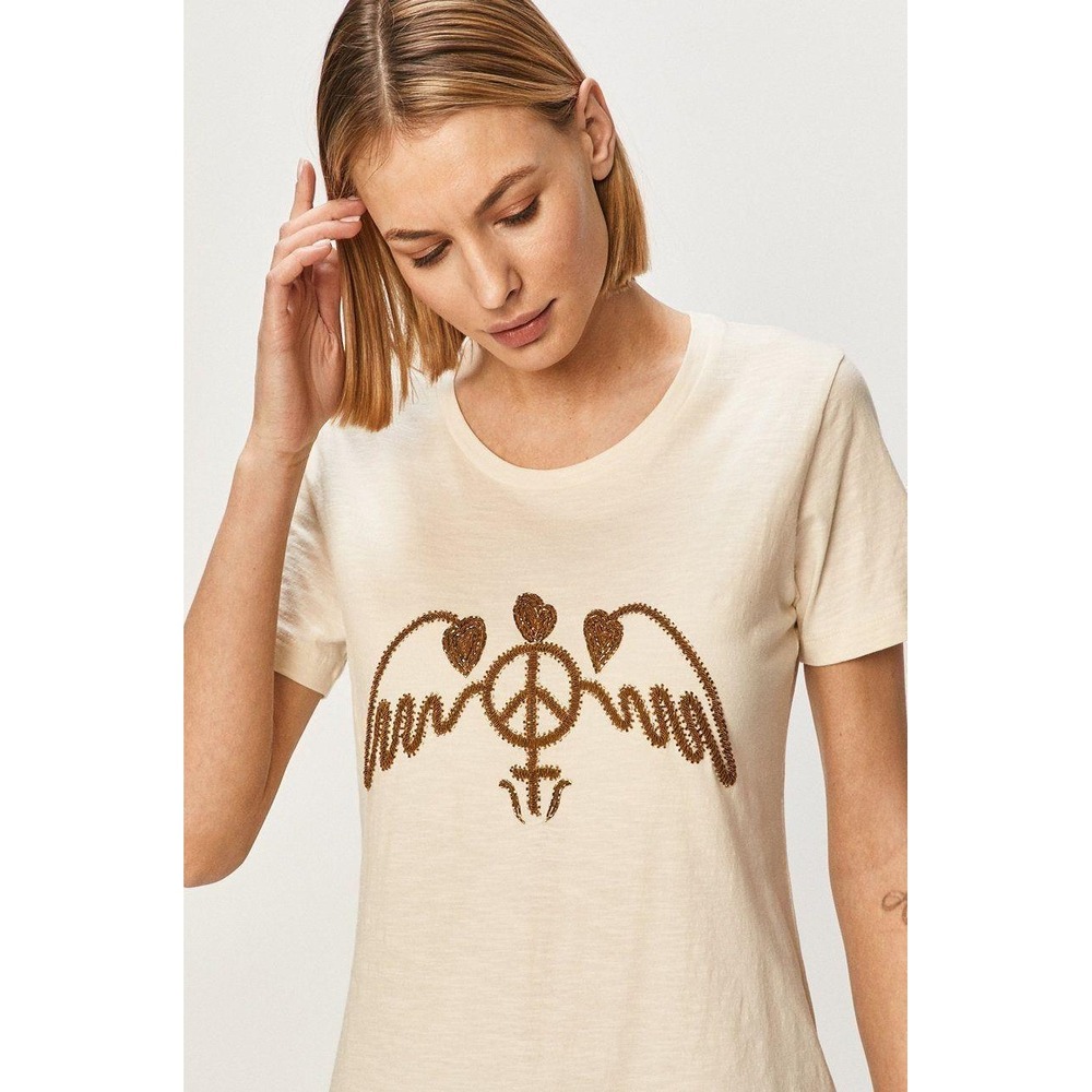 Mos Mosh Royal O-SS Tee XL Cream Cotton Embroidered Peace Heart Wings T-Shirt